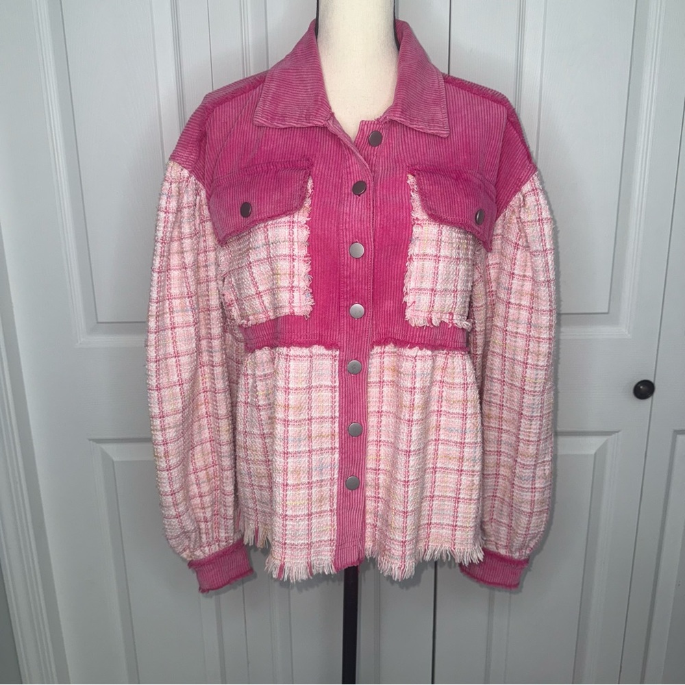 JK Pink Plaid Whimsical Funky Boho Hippie‎ Women's Jacket oversized Small